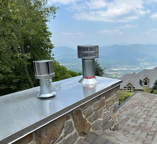 Custom chase cover on stone chimney in Western North Carolina