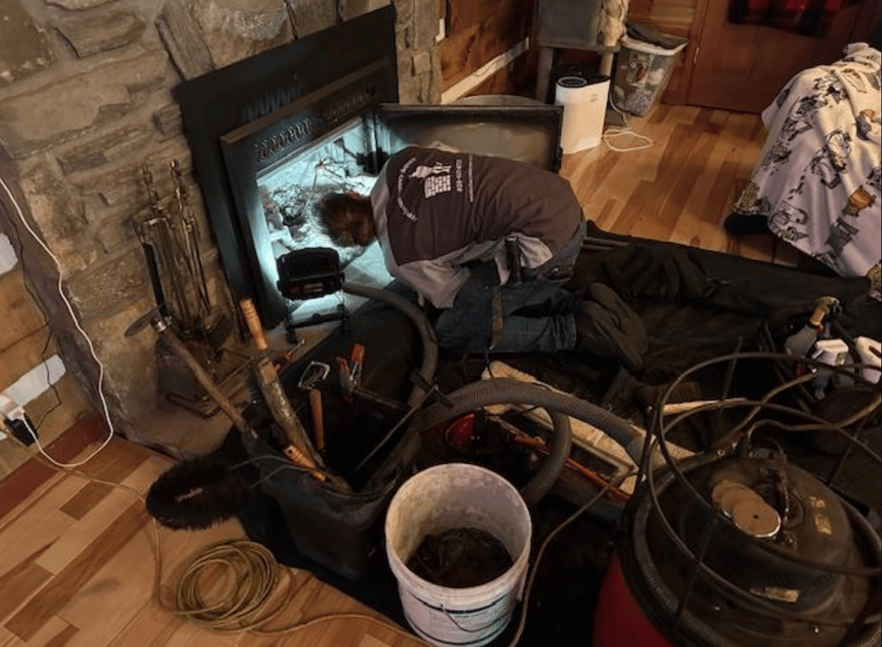 Chimney cleaning in progress